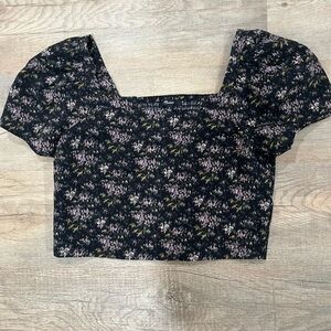 Madewell Black Gemma Floral Crop Top Cap sleeve